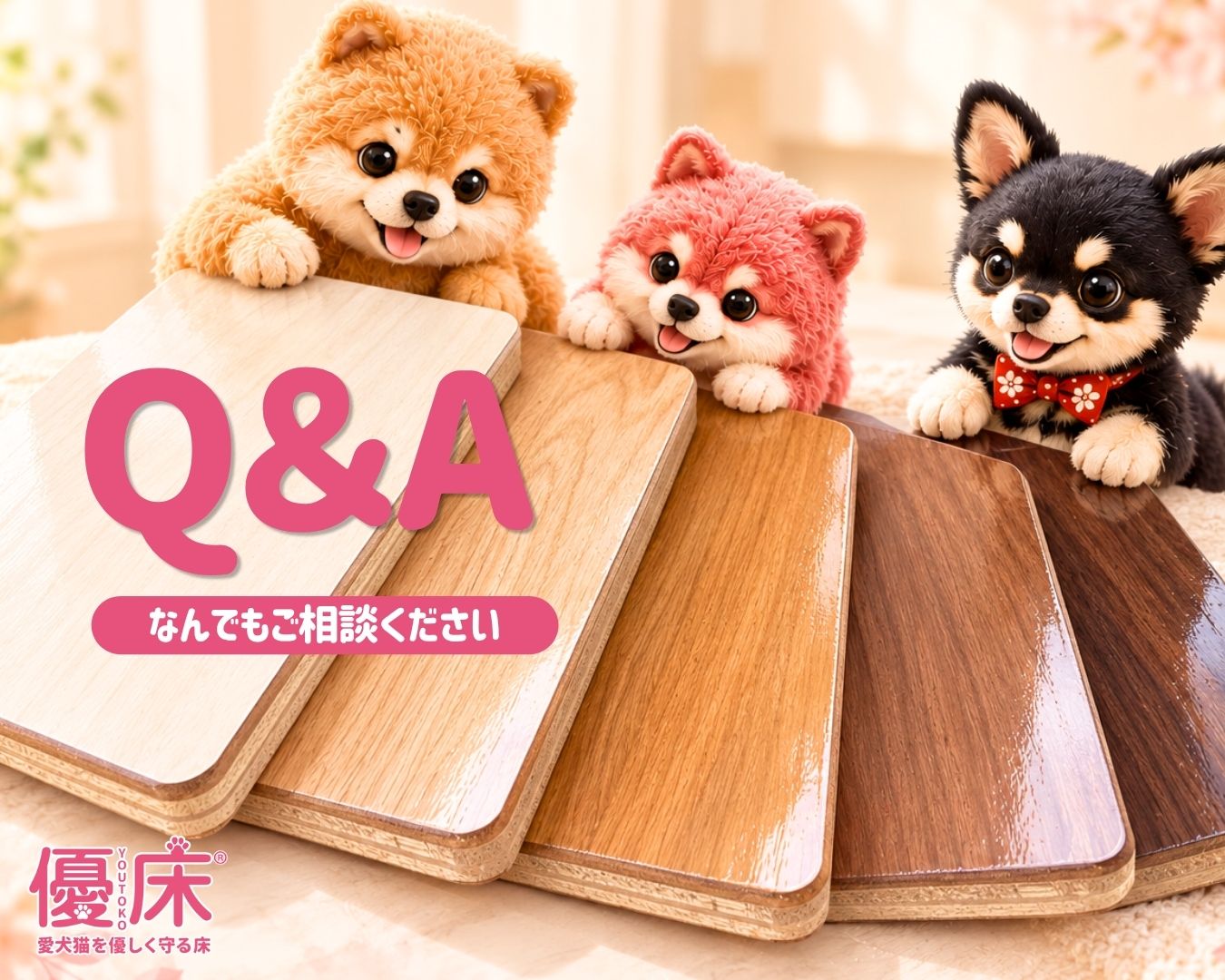 フロアコーティングサンプルを見つめる犬たち