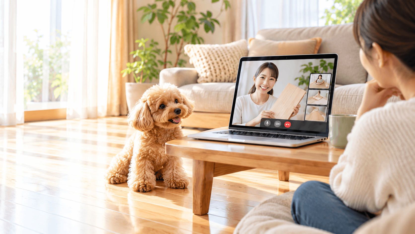 ご自宅のリビングでZoomを使って優床のオンライン相談を受けるイメージ